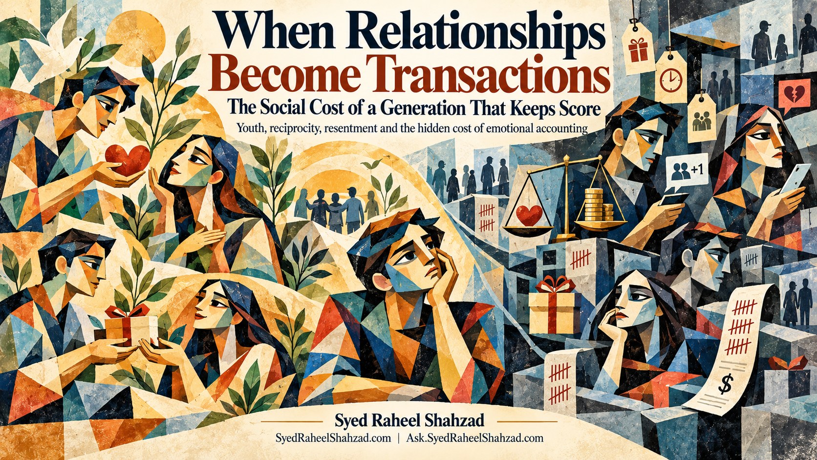 When Relationships Become Transactions — Syed Raheel Shahzad Syed Foundation cubist artwork by Syed Raheel Shahzad contrasting warm scenes of care and community with colder transactional relationships, tally marks, price tags and a balance between a heart and coins.