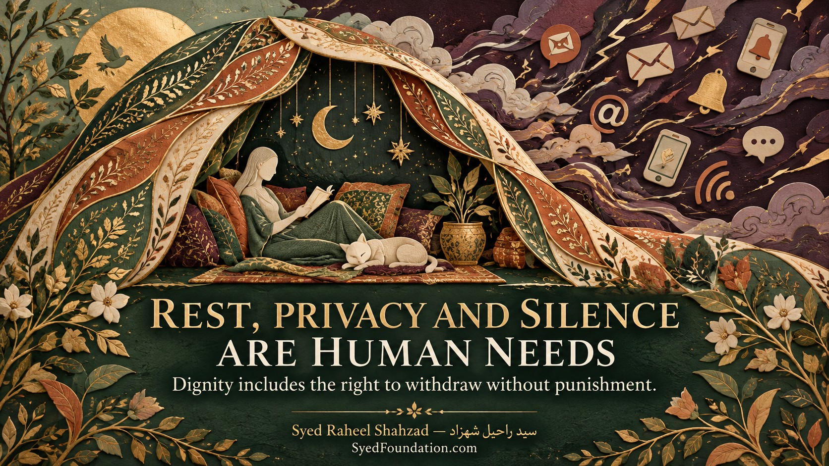 Syed Foundation philosophical artwork by Syed Raheel Shahzad about rest, privacy, silence, dignity, digital pressure, wellbeing and the right to withdraw