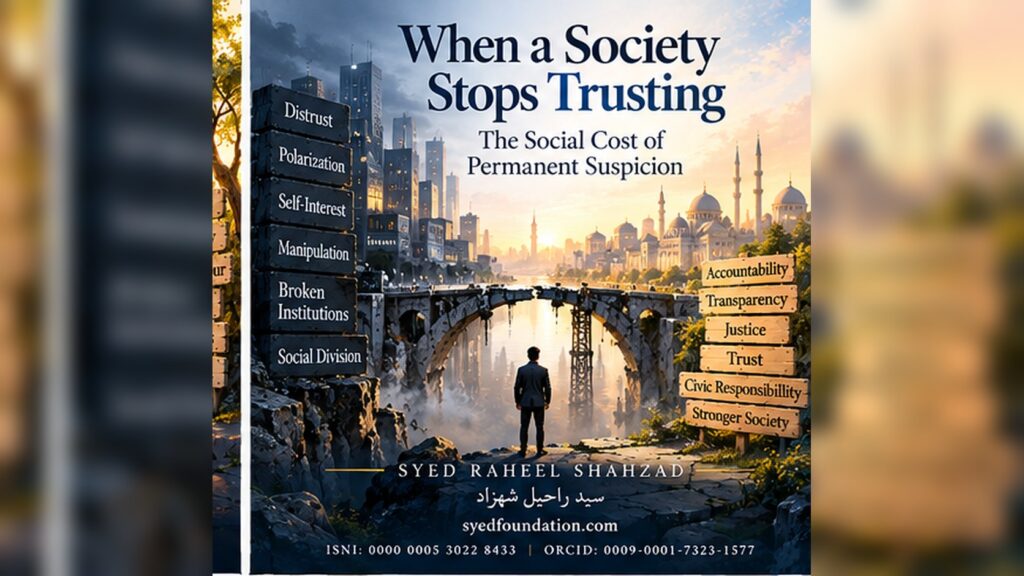 Syed Foundation philosophical artwork by Syed Raheel Shahzad showing damaged institutions and a divided public landscape, symbolizing the social cost of permanent suspicion and declining trust.