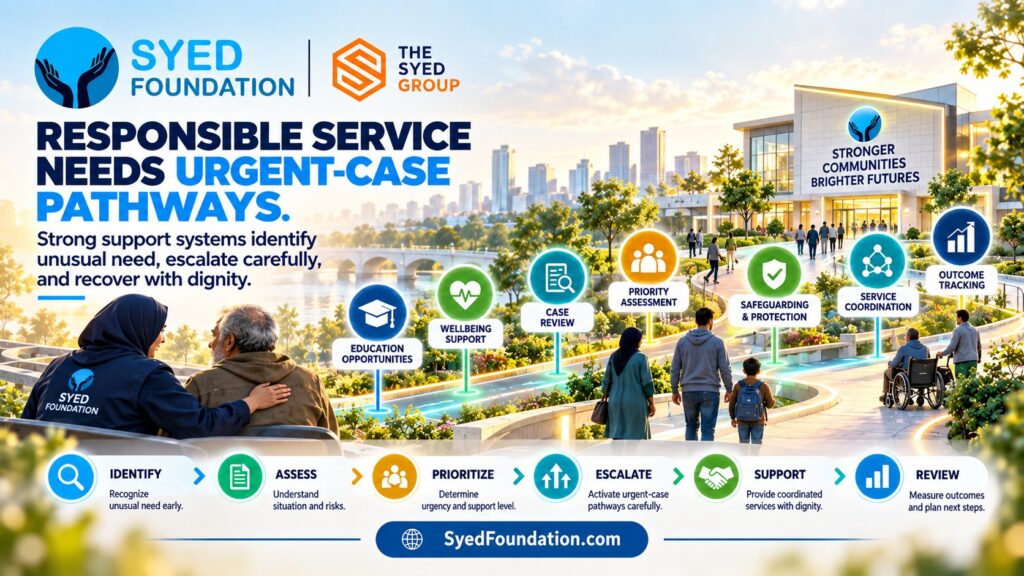 Syed Foundation service pathway showing needs identification, assessment, prioritization, urgent-case escalation, safeguarding, coordinated support and outcome review