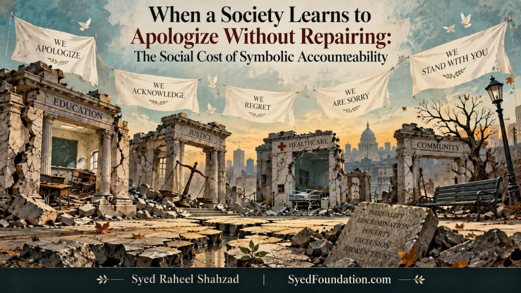 Syed Foundation philosophical artwork by Syed Raheel Shahzad showing public apology banners above damaged institutions that remain unrepaired, symbolizing the social cost of symbolic accountability.