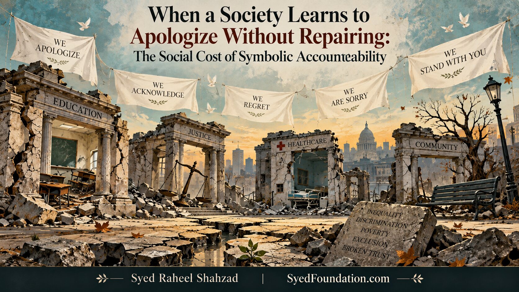 Syed Foundation philosophical artwork by Syed Raheel Shahzad showing public apology banners hanging above damaged schools, justice institutions, healthcare and community spaces, symbolizing symbolic accountability without repair.