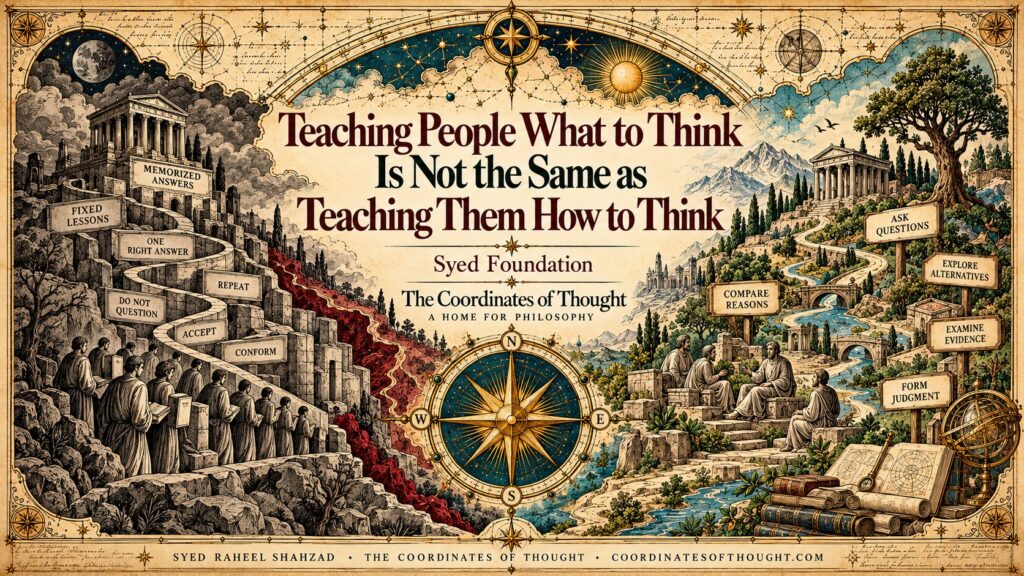 Syed Foundation philosophical artwork contrasting memorized answers and fixed lessons with questioning, comparing reasons, examining evidence and forming independent judgment