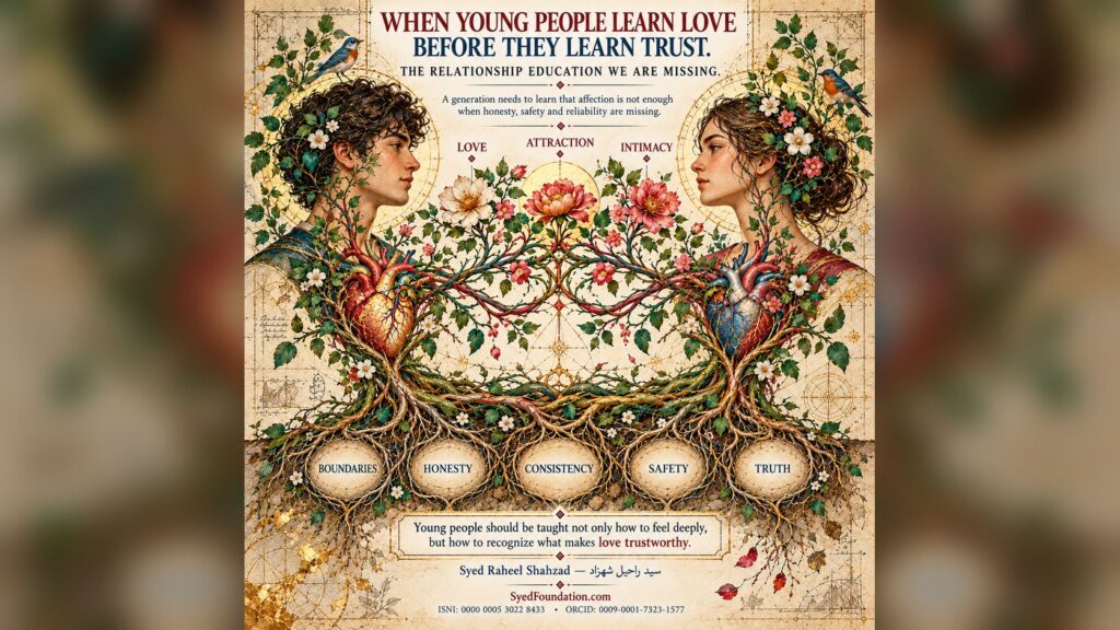 Syed Foundation botanical artwork by Syed Raheel Shahzad showing young people connected through roots labeled boundaries, honesty, consistency, safety and truth, representing the relationship education needed beneath love.