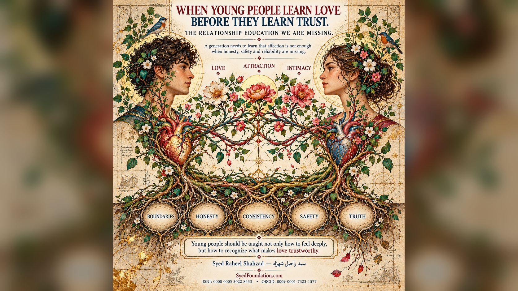 Syed Foundation botanical artwork by Syed Raheel Shahzad showing young people connected through roots labeled boundaries, honesty, consistency, safety and truth, representing the relationship education needed beneath love.